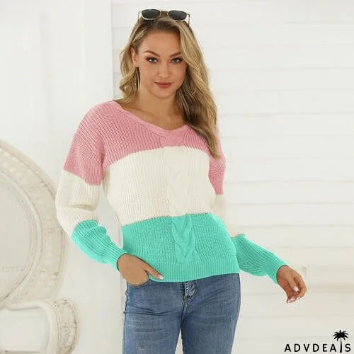 Color Block V-Neck Long Sleeve Sweater