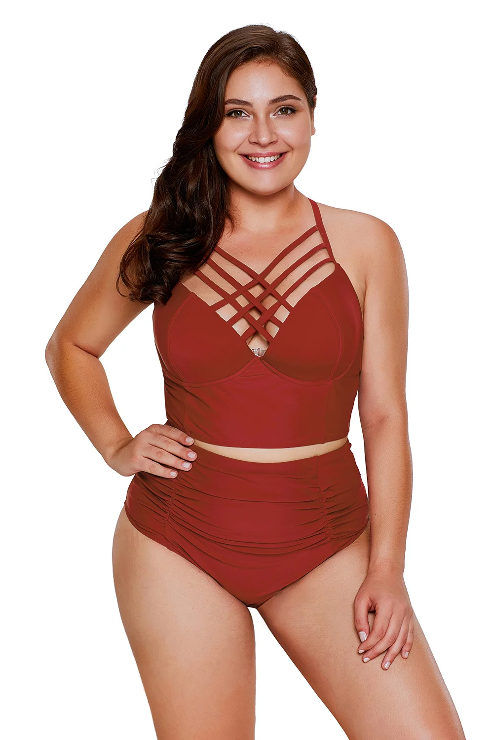 Red Strappy Neck Detail High Waist Swimsuit | IFYHOME