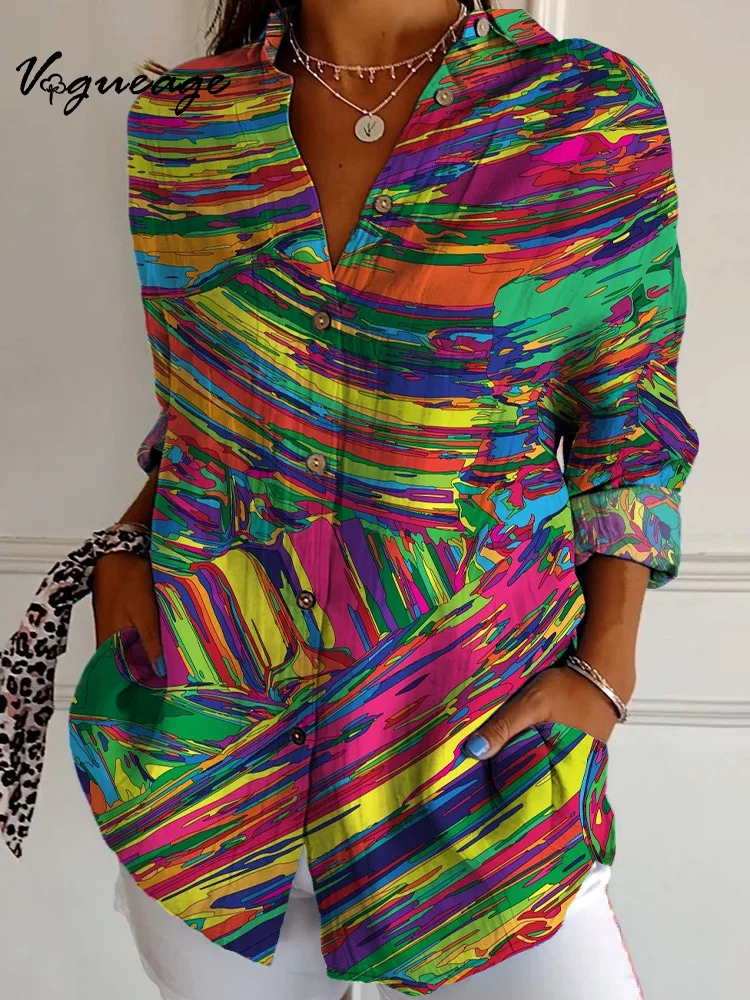 Stylish Abstract Graffiti Multicolor Stripes Long Sleeves Printed Cotton And Linen Shirt