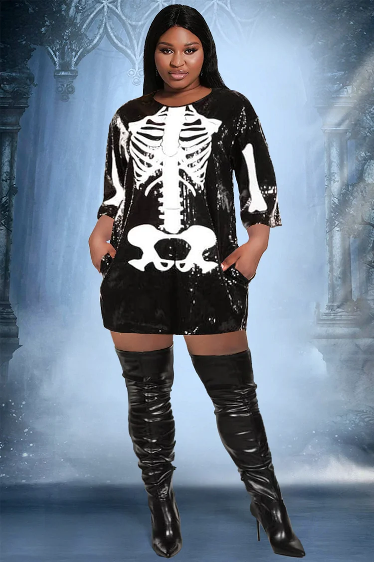 Xpluswear Design Plus Size Halloween Costume Black Sequin Skeleton Mini Dress With Pocket（Ships 24h）
