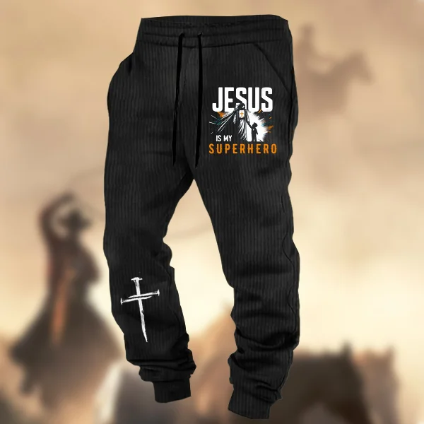 Men's Vintage Jesus Is My Super Hero Corduroy Texture Print Sports Sweatpants