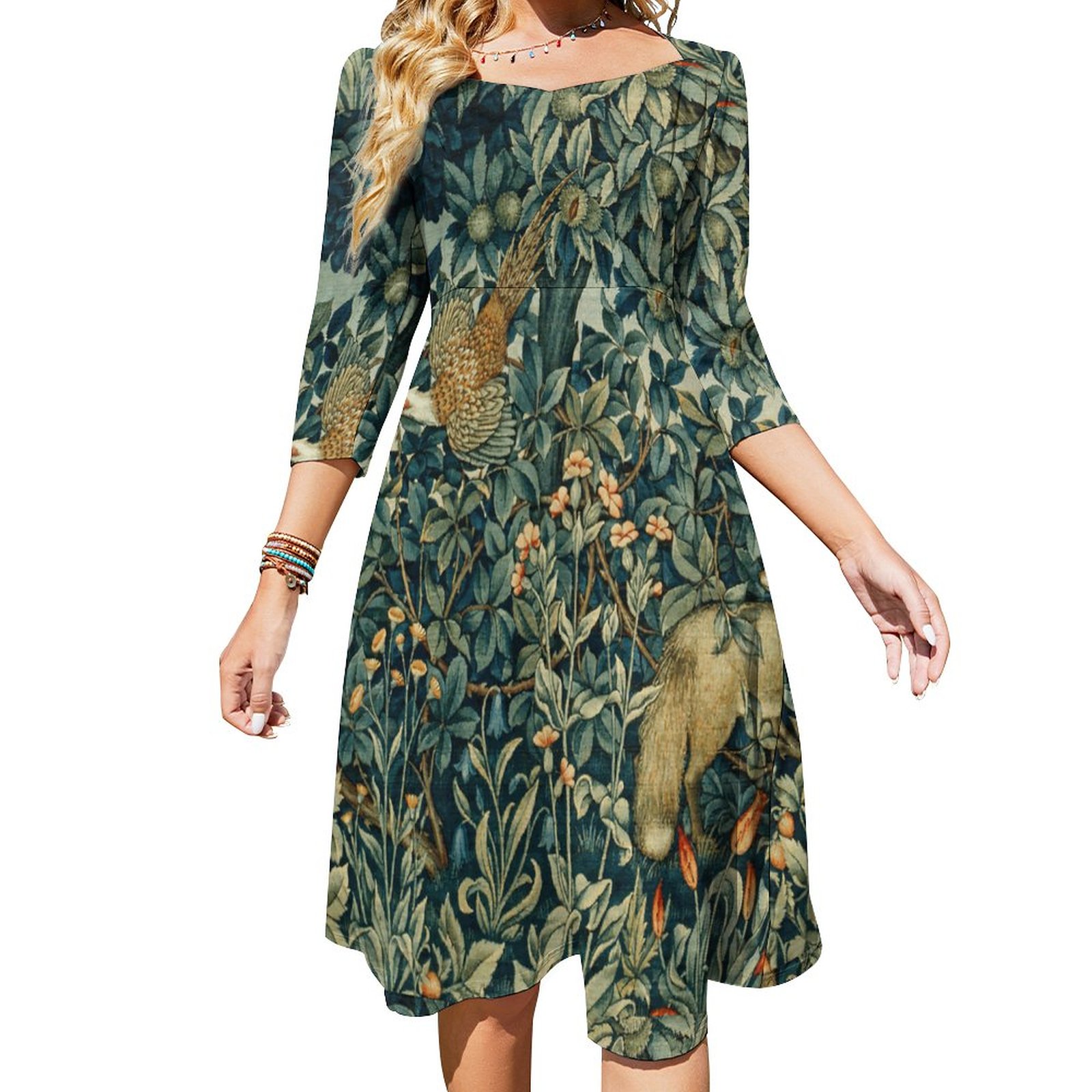 Greenery Forest Animals Pheasant Fox Green Floral Dress Sweetheart Tie Back Flared 3/4 Sleeve Midi Dresses