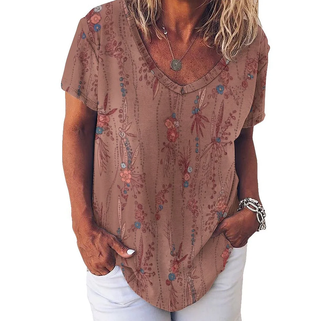 V-neck Short Sleeve Casual T-shirt for  Women Printed with Pattern Pink, Floral