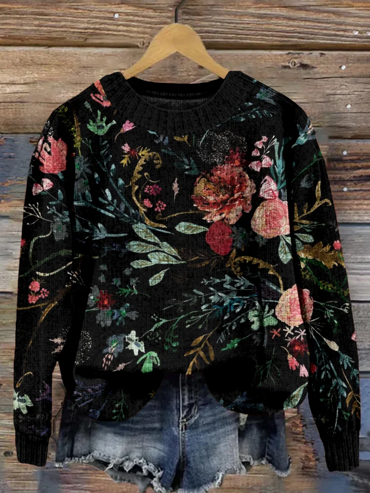 Fable Floral Art Pattern Crew Neck Cozy Knit Sweater
