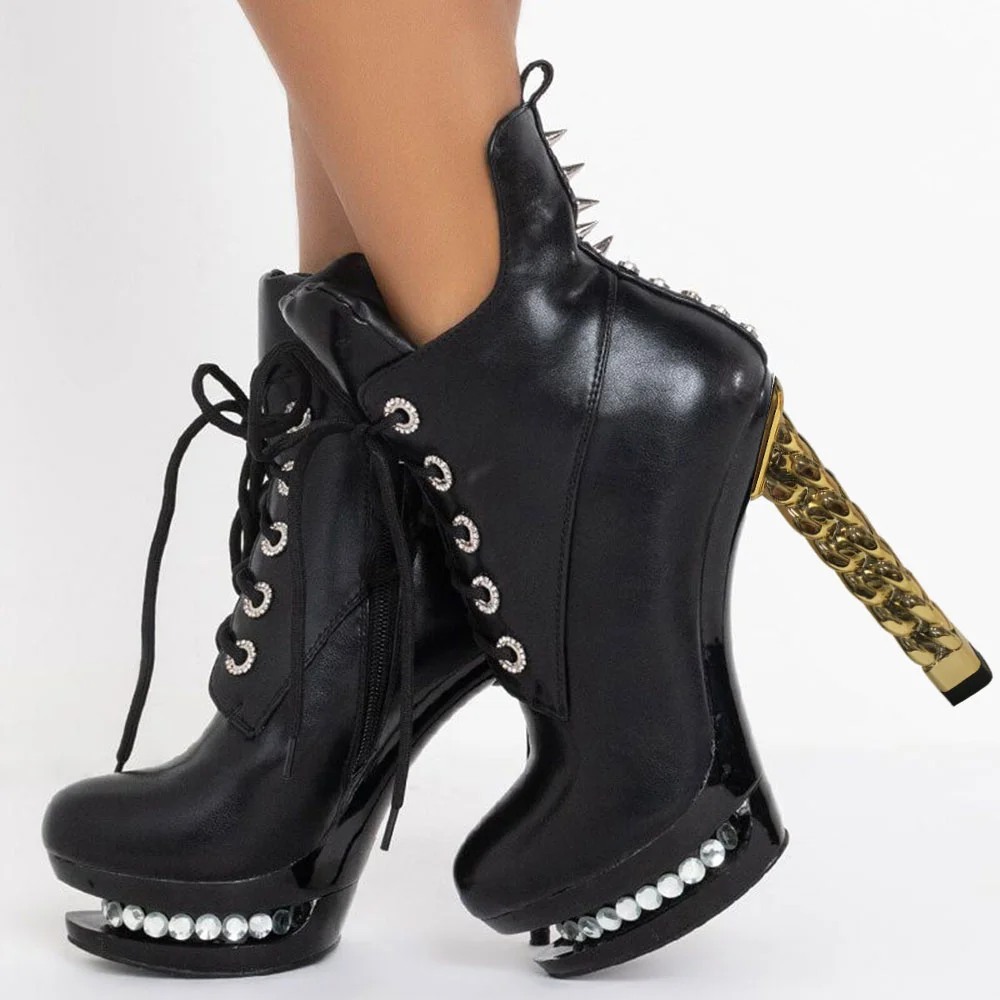 Black Platform Heel Studded Lace-Up Ankle Boots Nicepairs