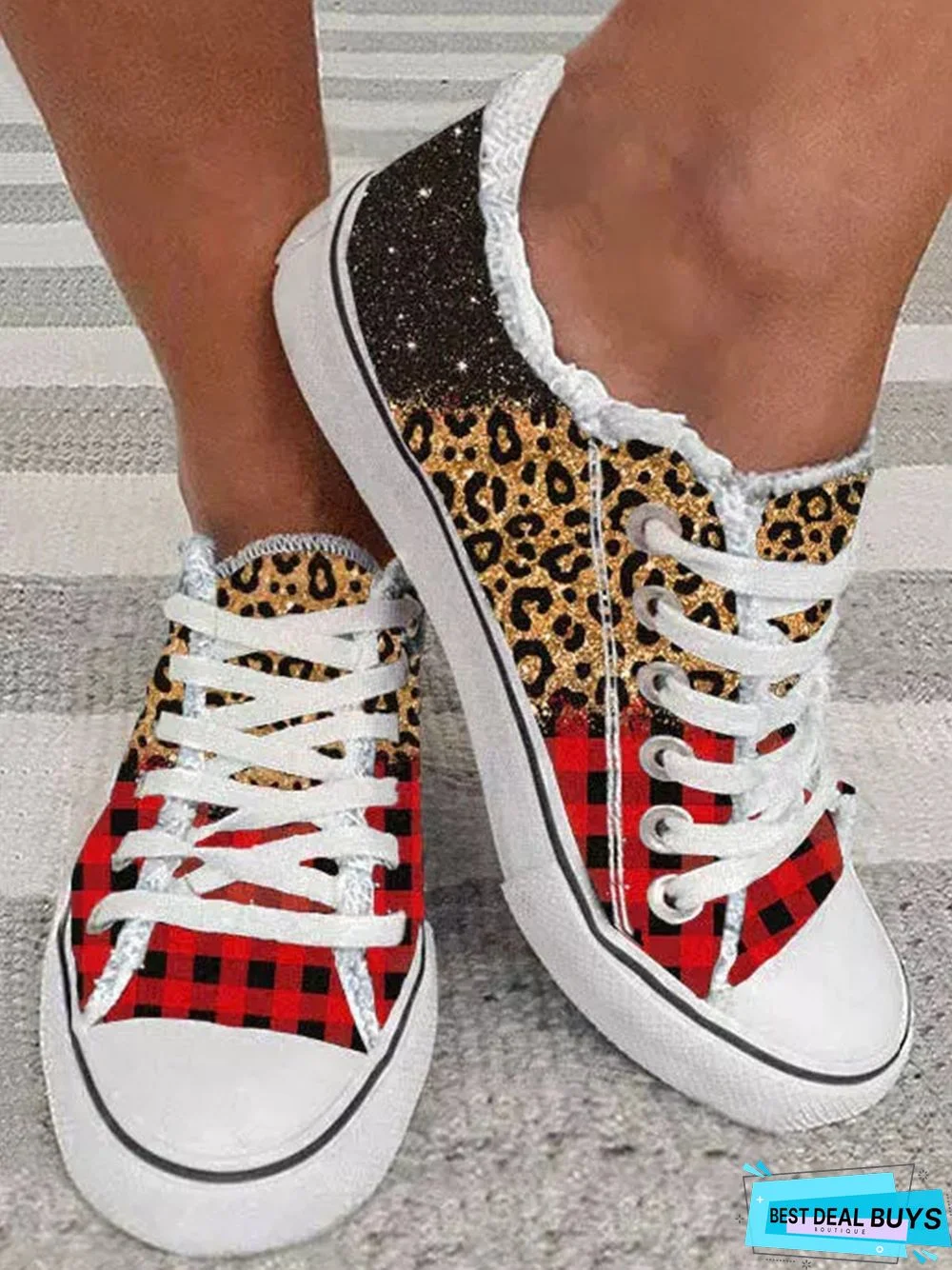 Christmas Leopard Check Panel Canvas Shoes