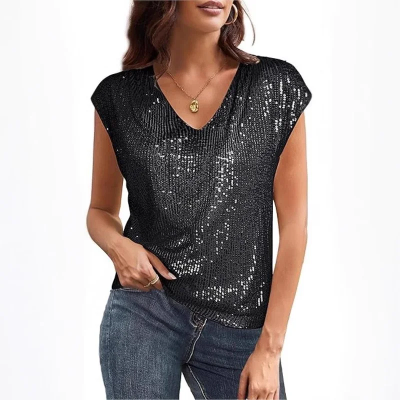 Women's Sequins Sexy V-Neck Sleeveless Solid Blouses Party Shirts Tank Tops
