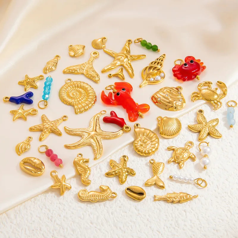 1 Piece 28.4*36.1mm 304 Stainless Steel Zircon 18K Gold Plated Starfish Crab Shell Polished Pendant Jewelry Accessories