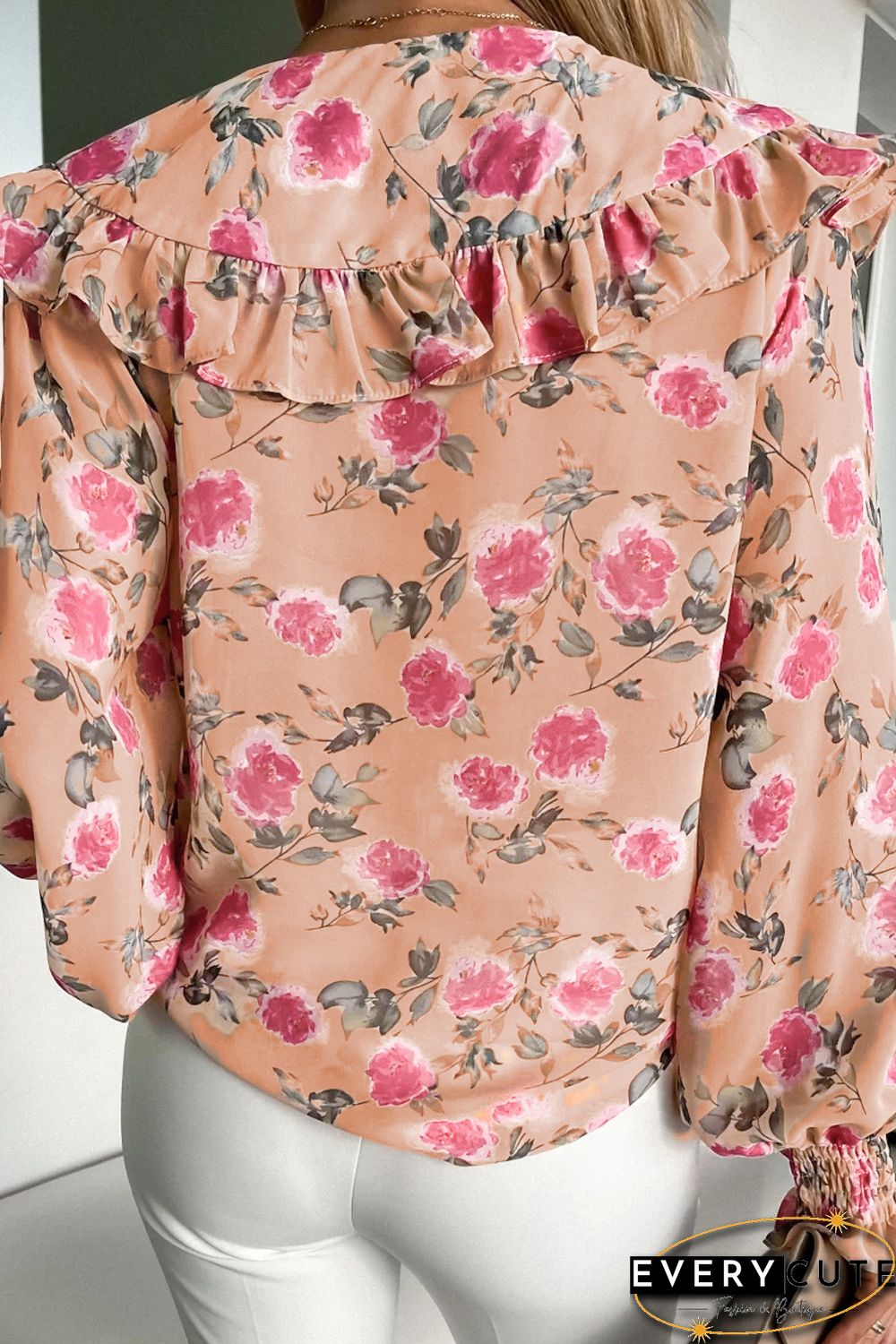 Pink Floral Cape Ruffles Elastic Wrist Shirt