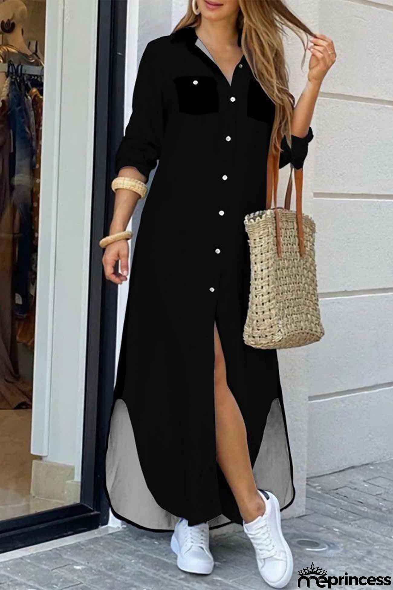 Long Sleeve Button Up Pocket Shirt Dress