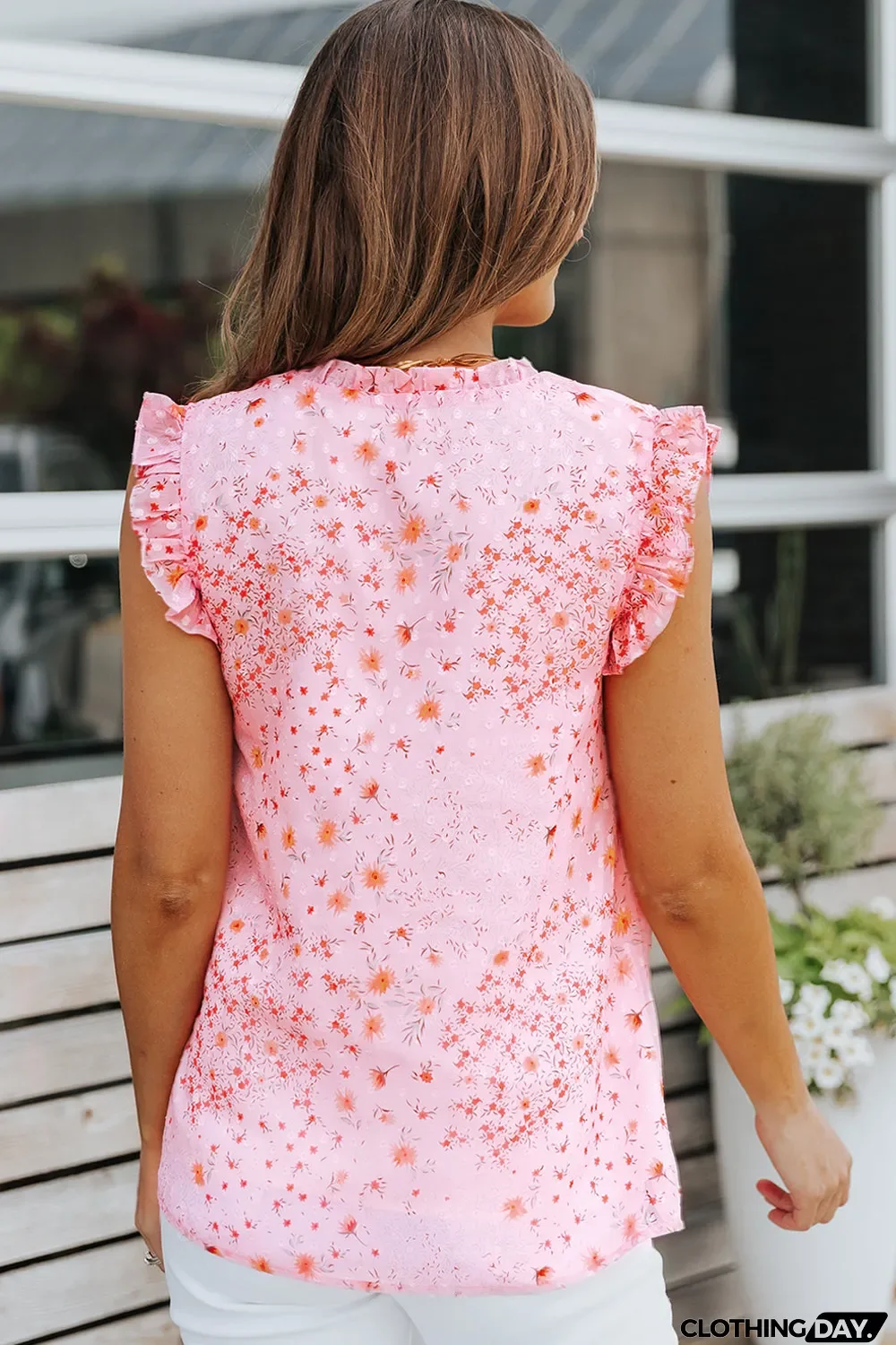 Pink Floral Print Drawstring Frill Trim Sleeveless Top