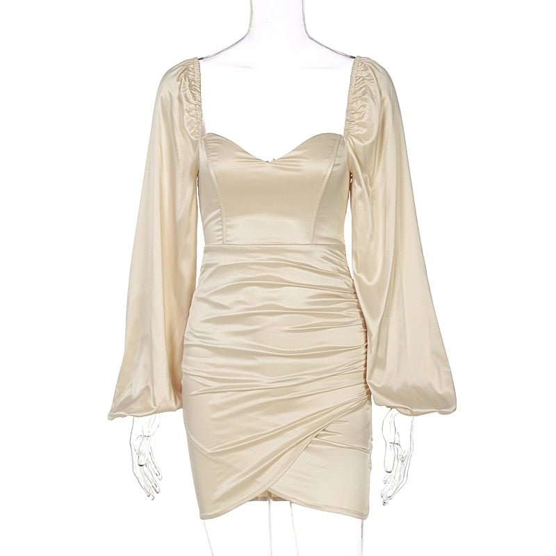 Dulzura Solid Women Satin Lantern Sleeve Mini Dress Slit Ruched Bodycon Sexy Party Elegant Streetwear Club 2021 Spring Summer