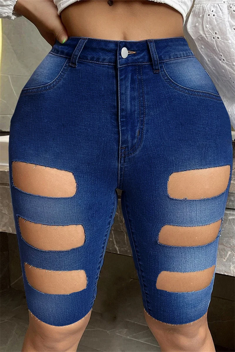 Deep Blue Fashion Casual Solid Ripped High Waist Skinny Denim Shorts | EGEMISS