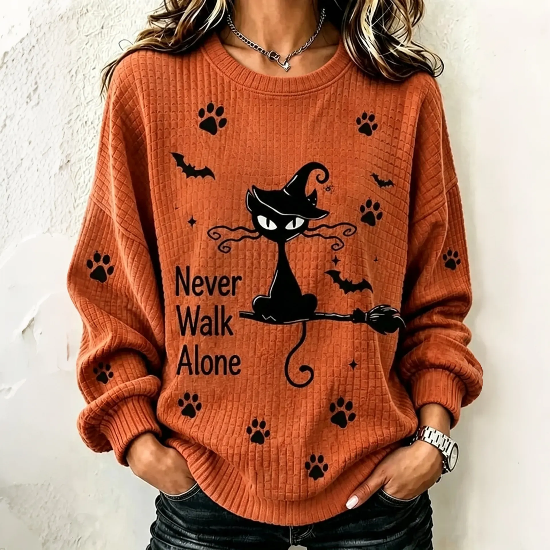 Comstylish Never Walk Alone Halloween Cat And Broom Print Casual Sweatshirt
