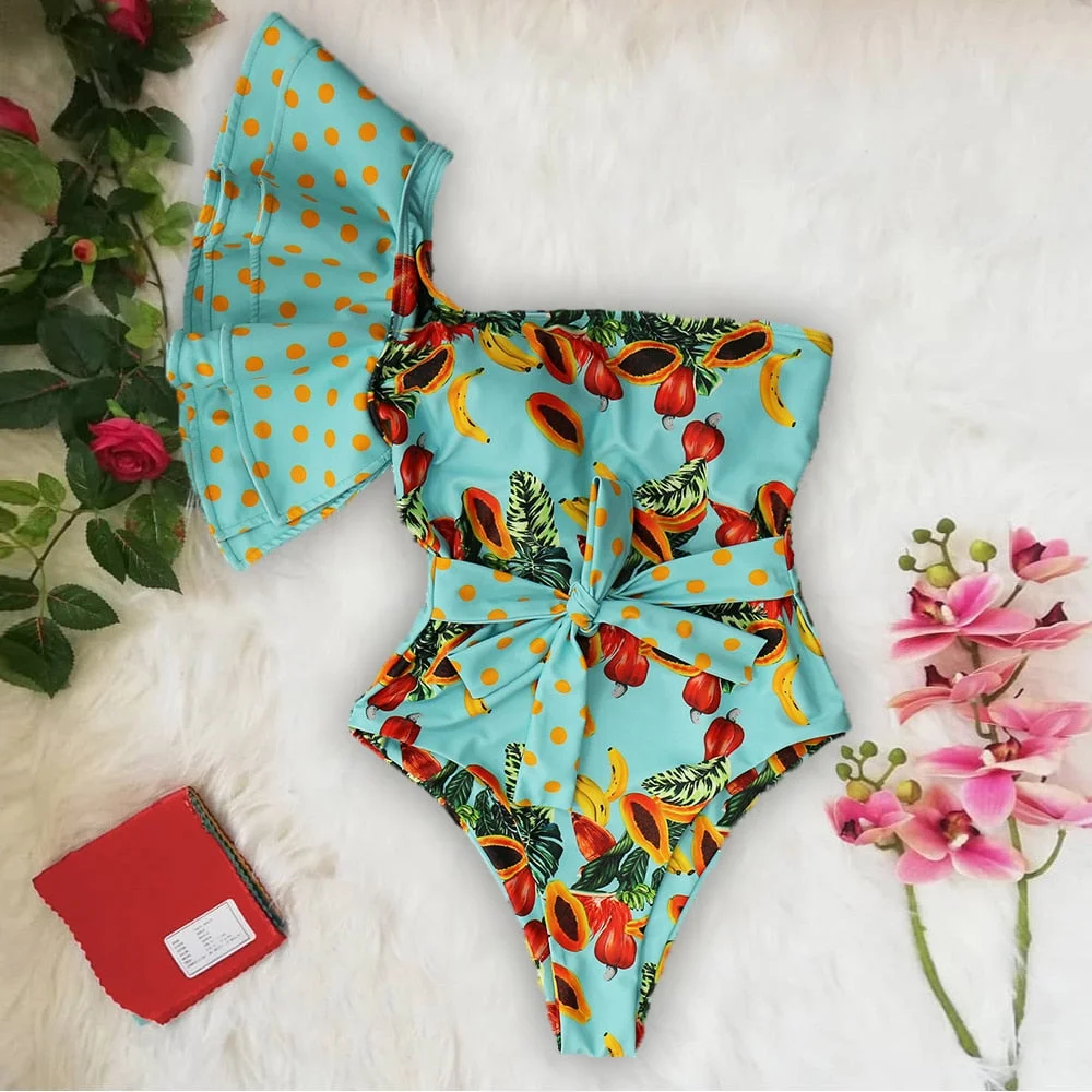 2021 Retro One Piece Swimsuit Women Swimwear Push Up Monokini Print Bandage One shoulder Bathing Suit Bodysuit Beach Wear Female