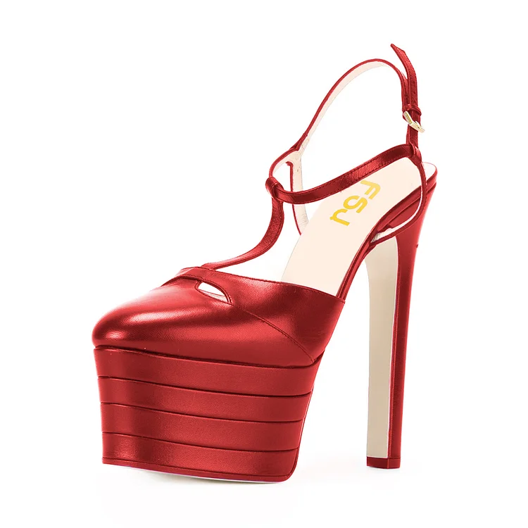 Red Platform Sandals T Strap Closed Toe Chunky Heels |FSJ Shoes