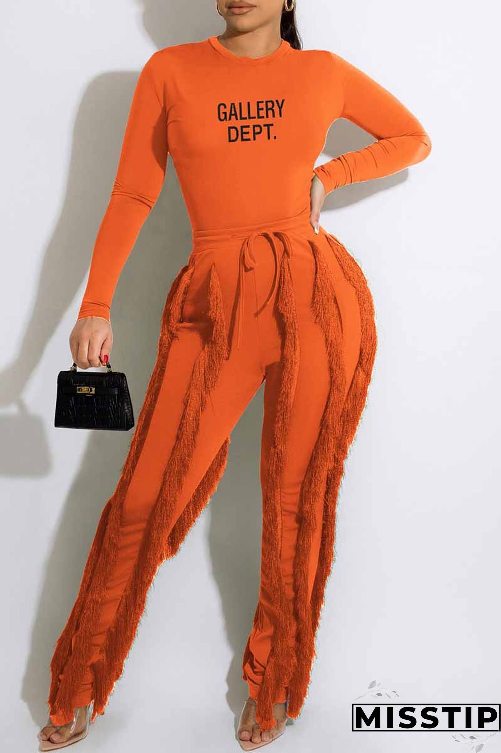 Green Casual Print Letter O Neck Long Sleeve Two Pieces