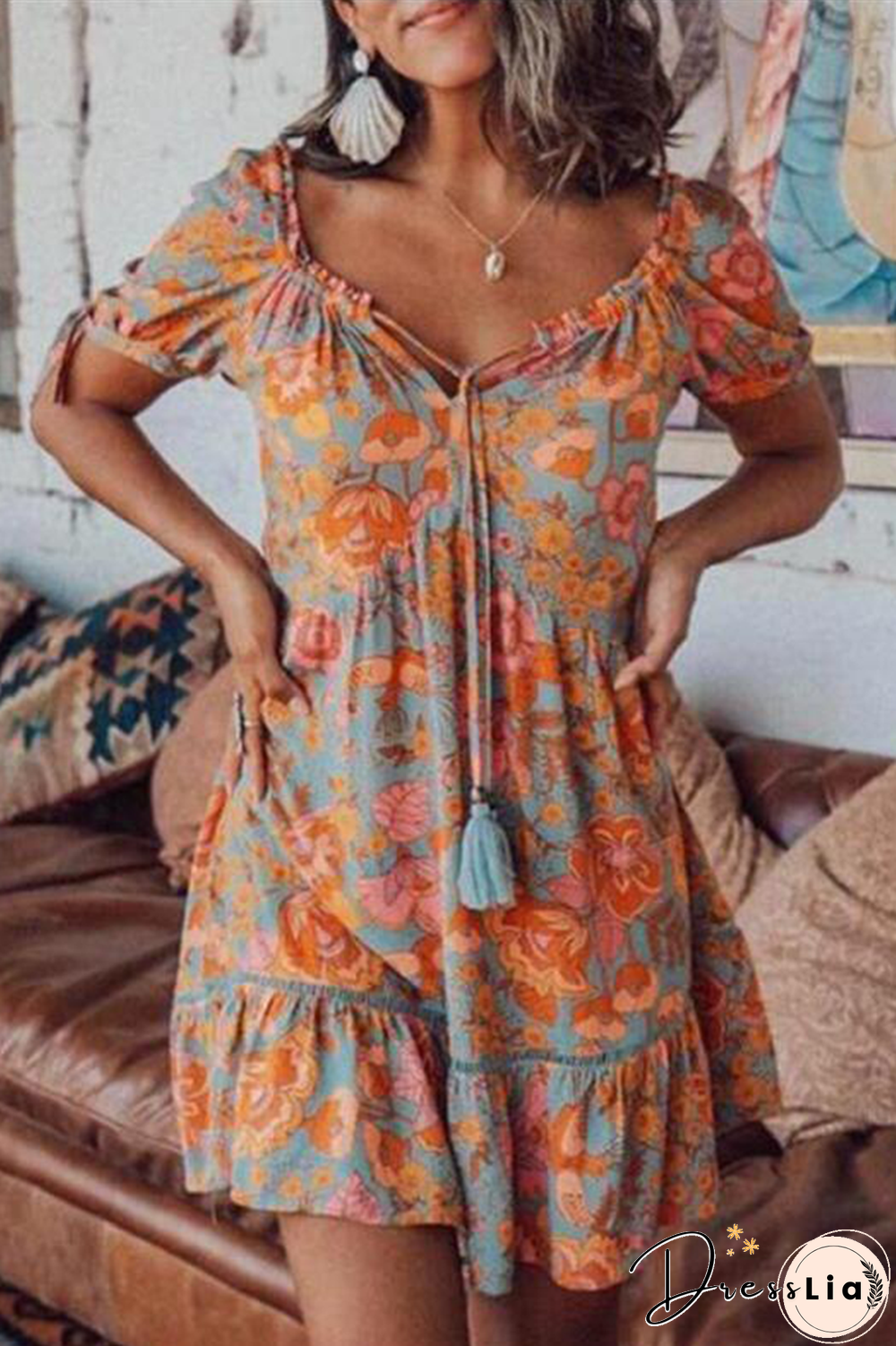 Casual Print Patchwork V Neck Cake Skirt Dresses