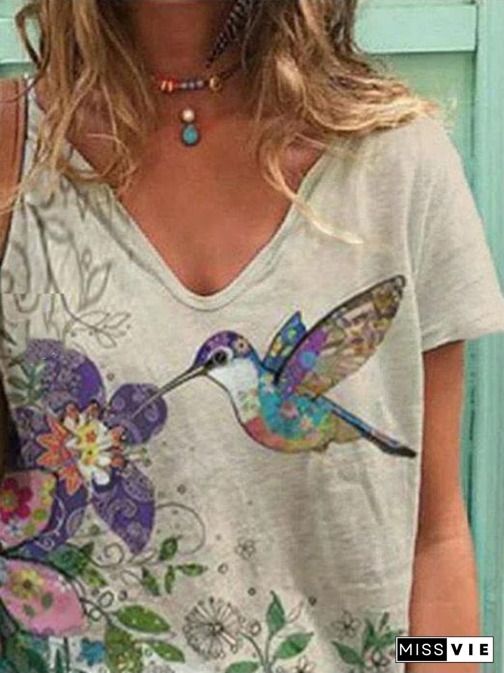 Women Short Sleeve V-Neck Floral Printed Tops