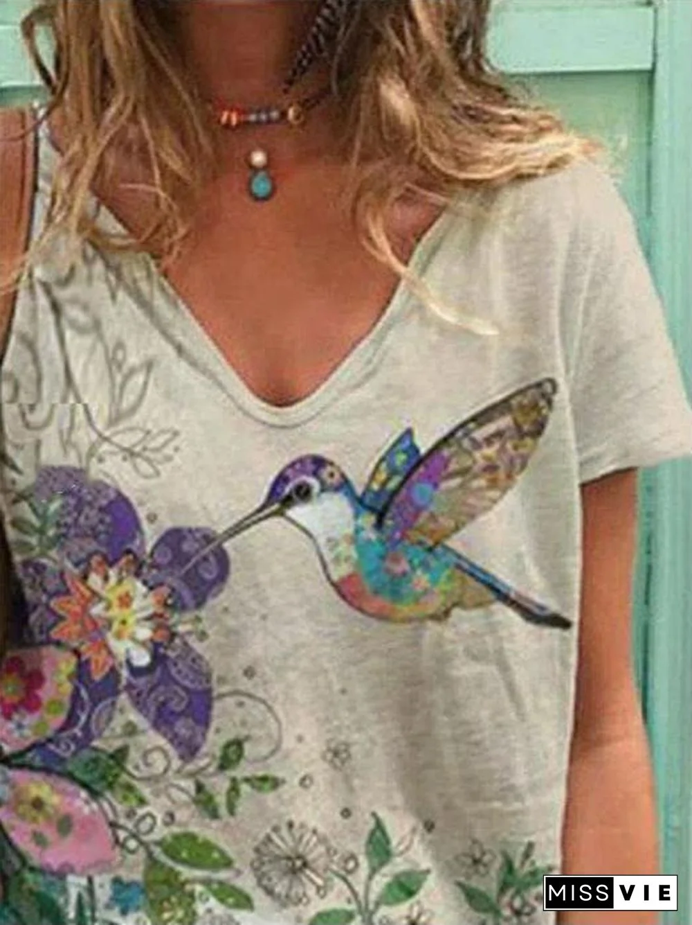 Women Short Sleeve V-Neck Floral Printed Tops