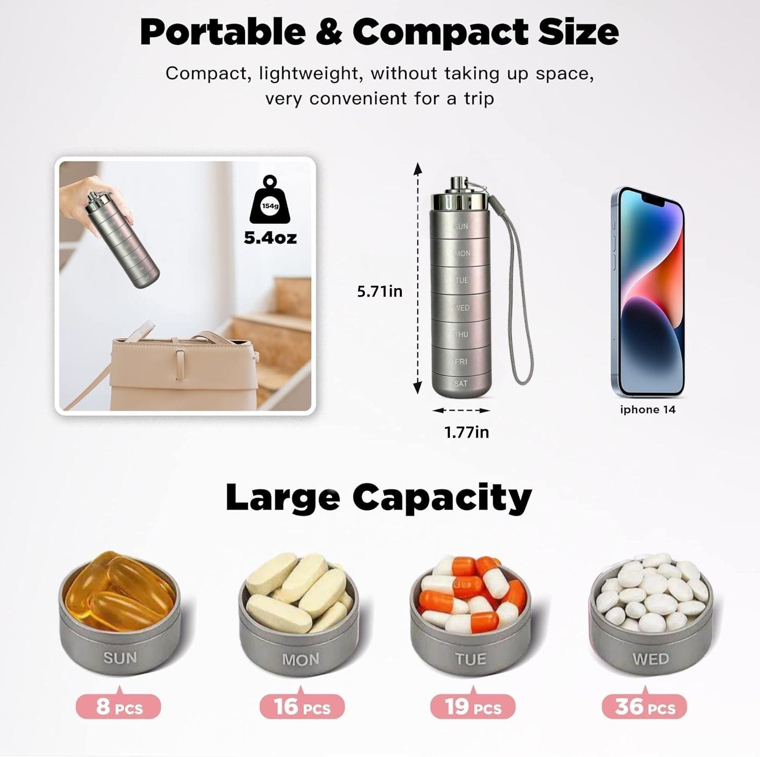 Metal Travel Pill Organizer, Portable Waterproof Weekly Pill Box, Large Aluminum Alloy Container, BPA Free 7 Day Daily Medicine Organizer Holder for Vitamin, Fish Oil, Supplement Storage box