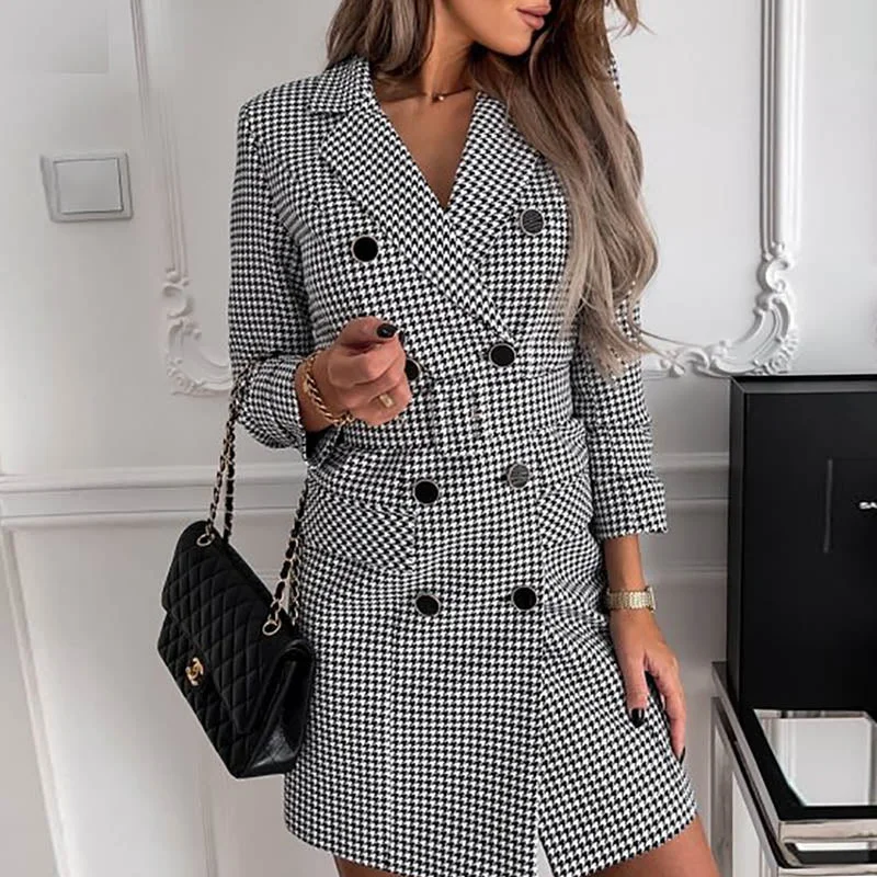 Office Lady Blazer Dress Women Notched Double Breasted Houndstooth print dress Elegant Autumn Long sleeve With Belt Dress 2XL