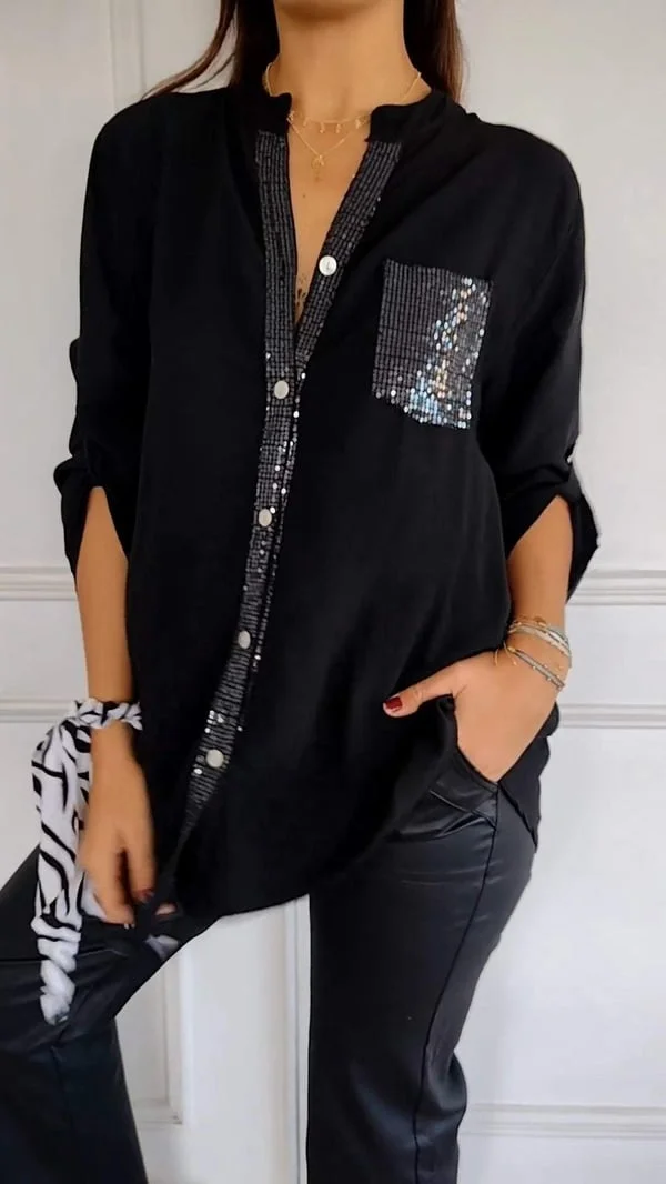 ✨Polyester V-neck Sequin Mid-sleeve Casual Top⏰Last Day 50% Off