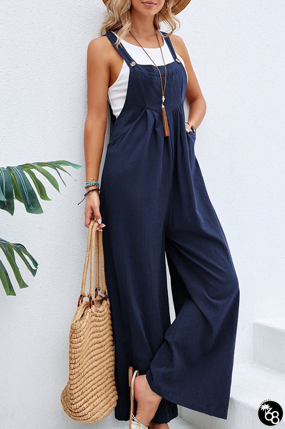 Deep Blue Casual Vacation Solid Buttons Square Collar Loose Jumpsuits | 168DEAL