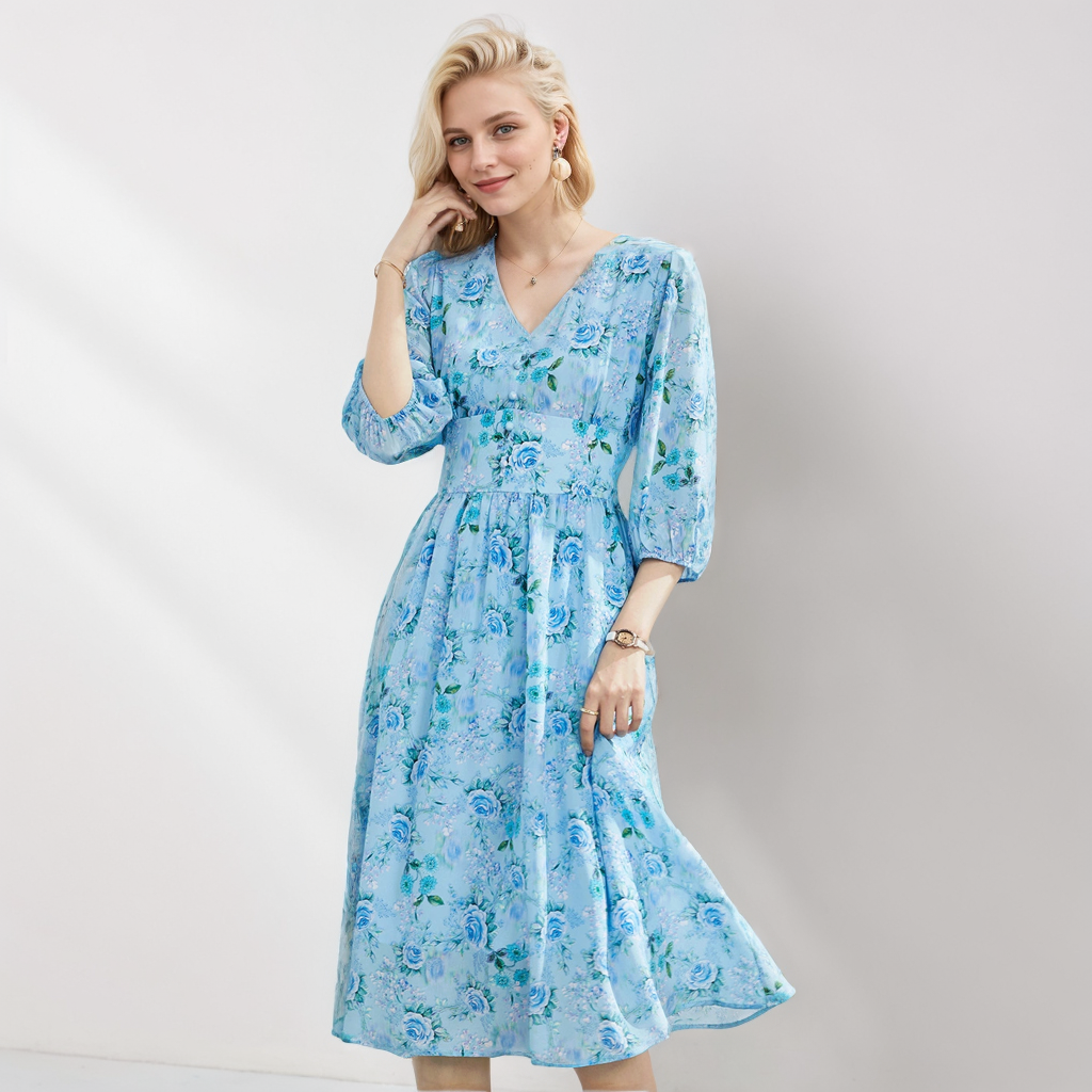 Blue Silk Chiffon Dresses Elastic Waist Summer Style REAL SILK LIFE