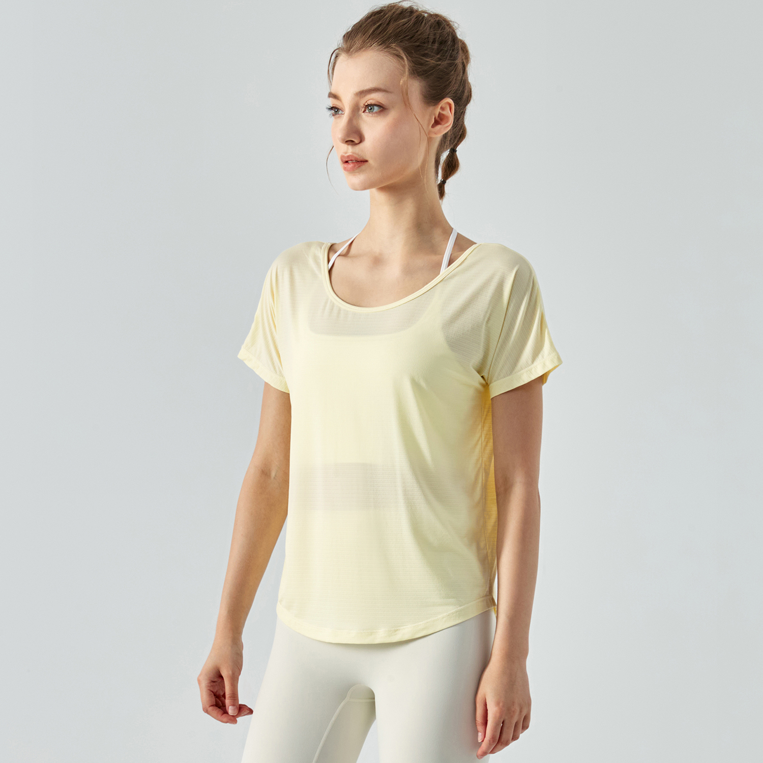 Hergymclothing Buttery Yellow see through sports t-shirt hollow out split back round neck short sleeve quick-dry shirts running fitness yoga loose tops for sale