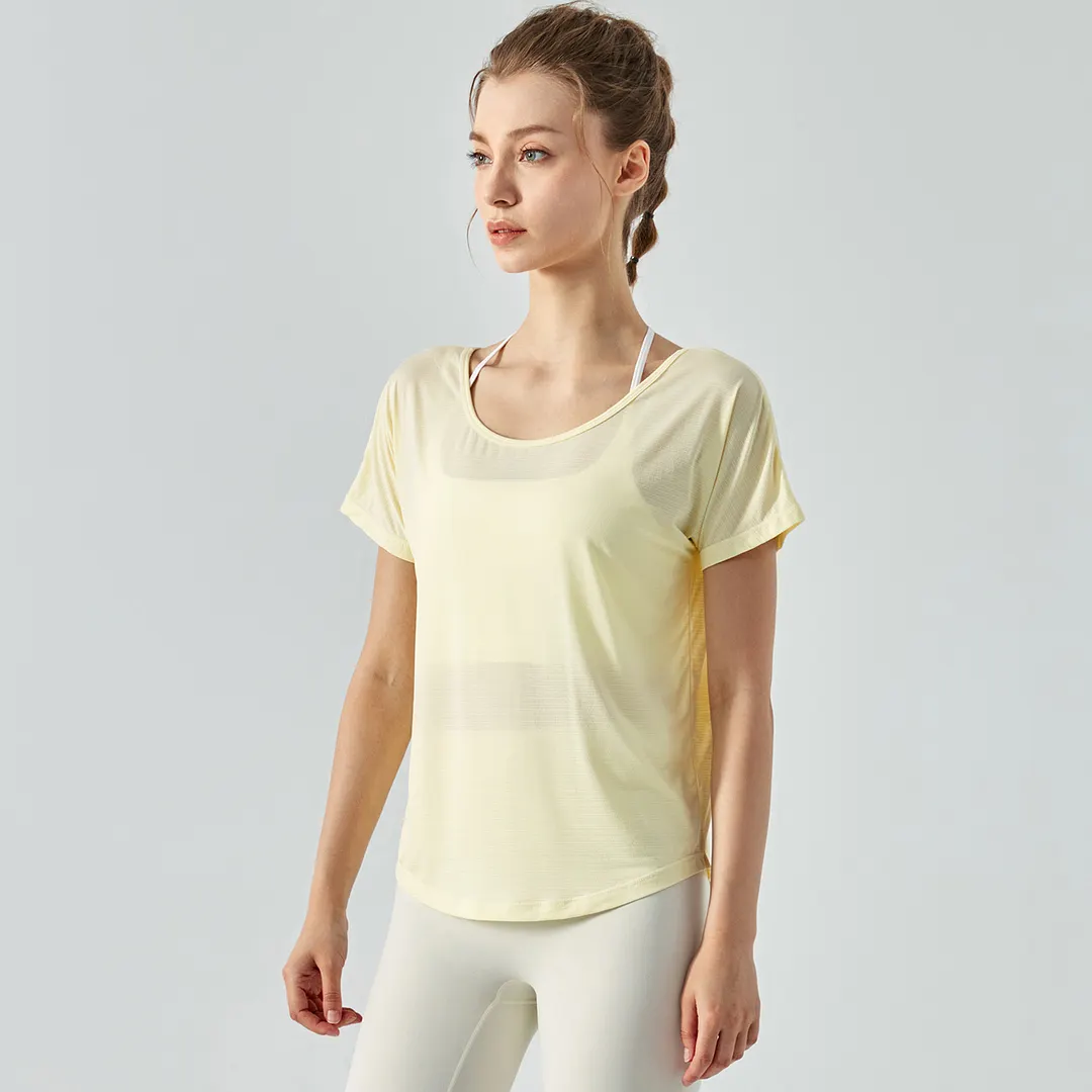 Hergymclothing Buttery Yellow see through sports t-shirt hollow out split back round neck short sleeve quick-dry shirts running fitness yoga loose tops for sale