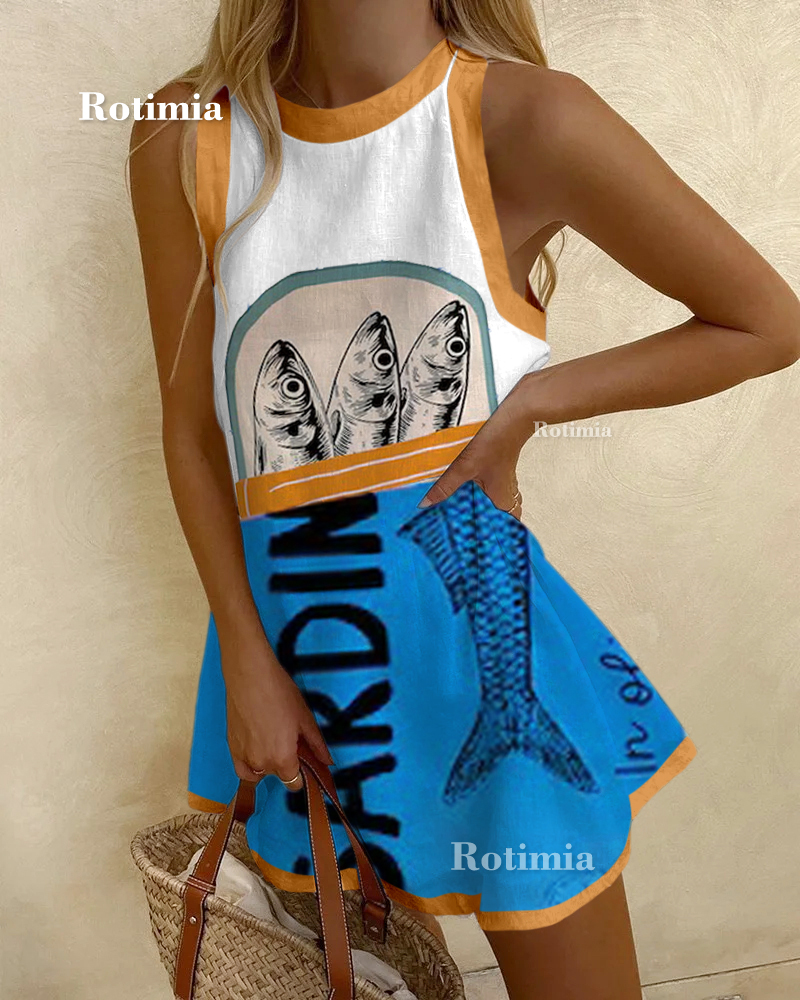 Casual Sardine Print Sleeveless Dress
