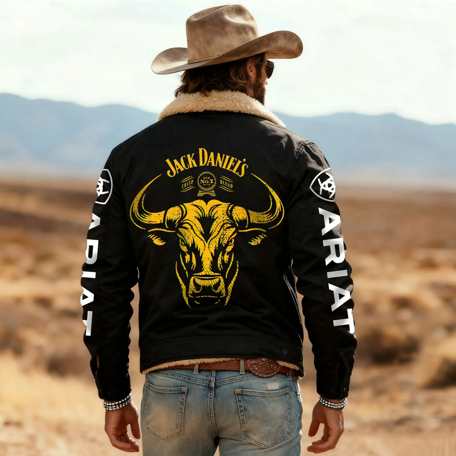 Western Bull Graphic Print Bomber Jacket With Bold Sleeve Lettering
