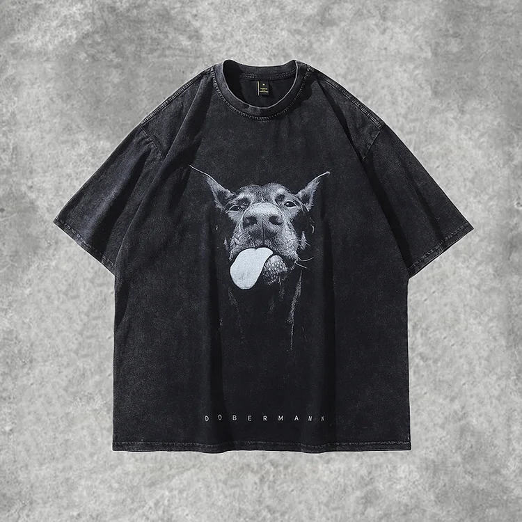 Sopula Vintage Cute Doberman Dog Graphic Acid Washed T-Shirt