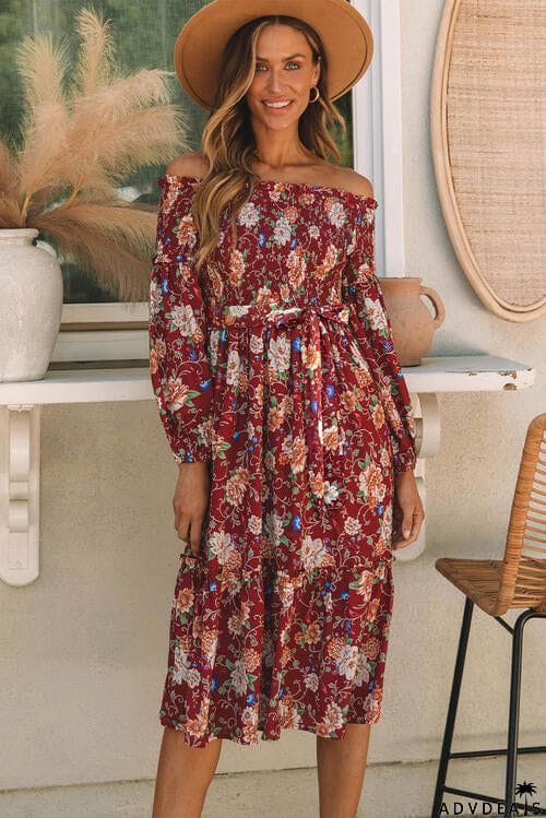 Smocked Off-Shoulder Tie Belt Ruffle Trim Dress