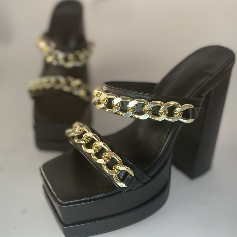 Black Square Toe 4'' Chunky Heel Strappy Platform Mules with Chain Nicepairs