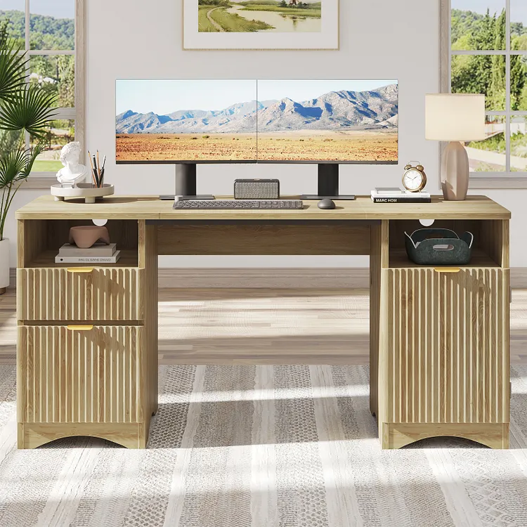 Bestier 59" Modern Executive Desk with Storage, Wood Home Office Desk with 2 Drawers & 3 Cabinet, Fluted Computer Writing Desk for Study, Living Room, Bedroom