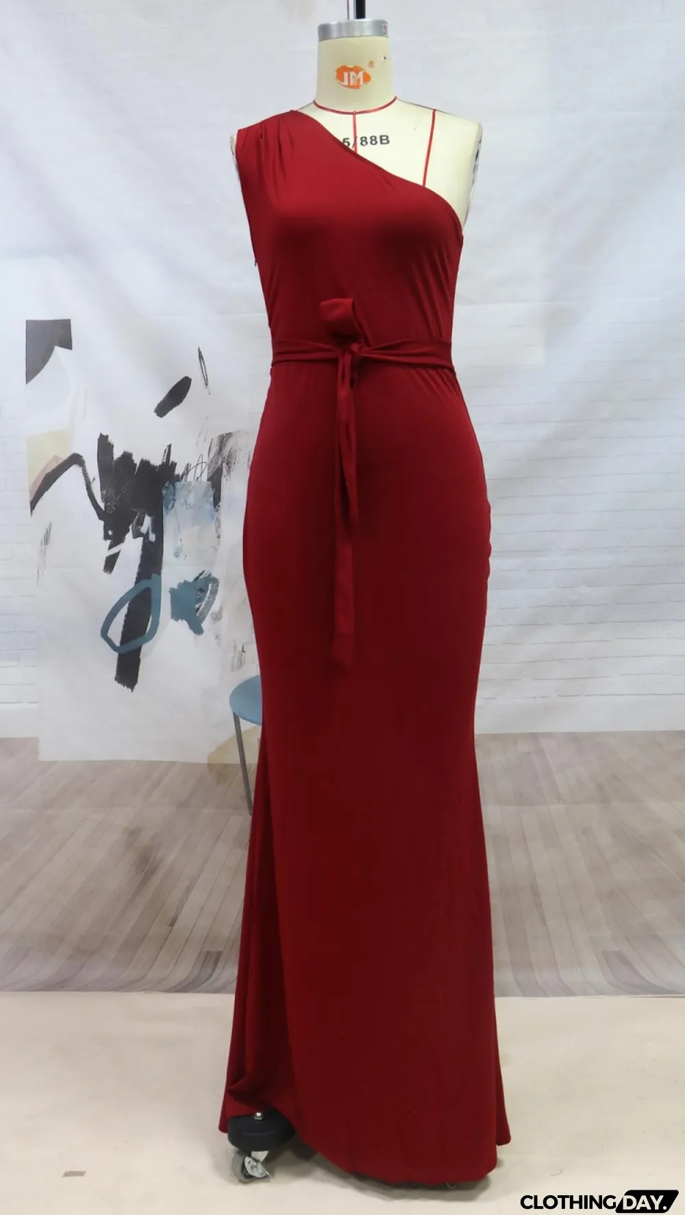 Winter Red One Shoulder Belted Formal Mermaid Evening Dress