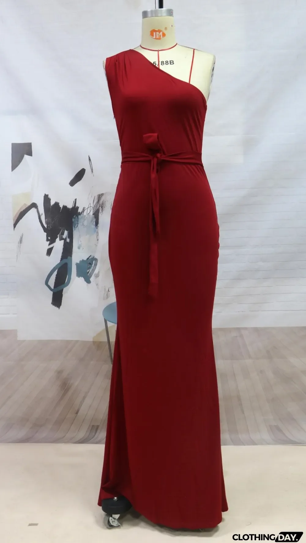 Winter Red One Shoulder Belted Formal Mermaid Evening Dress