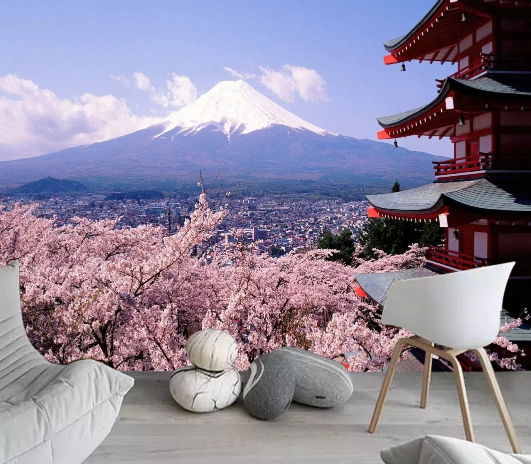 Japanese Cherry Blossoms Mount Fuji Landscape Wall Hanging Tapestry Ancient Palace With Moon Nature Scendry Home Wall Blanket