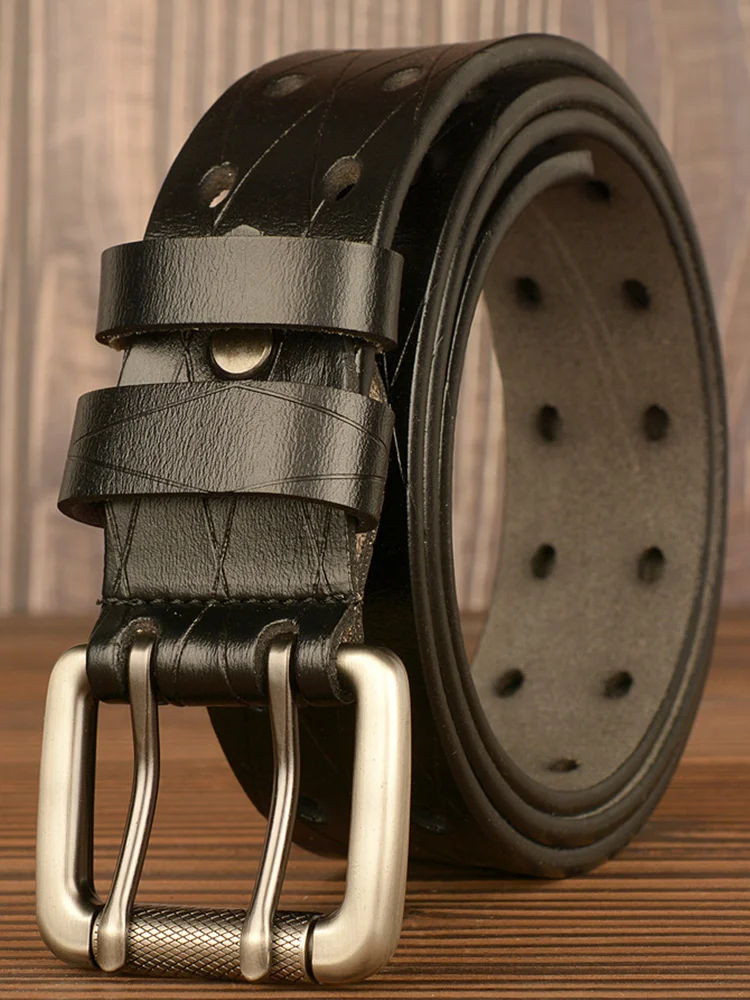 Vintage Solid Color Double Pin Buckle Leather Belt