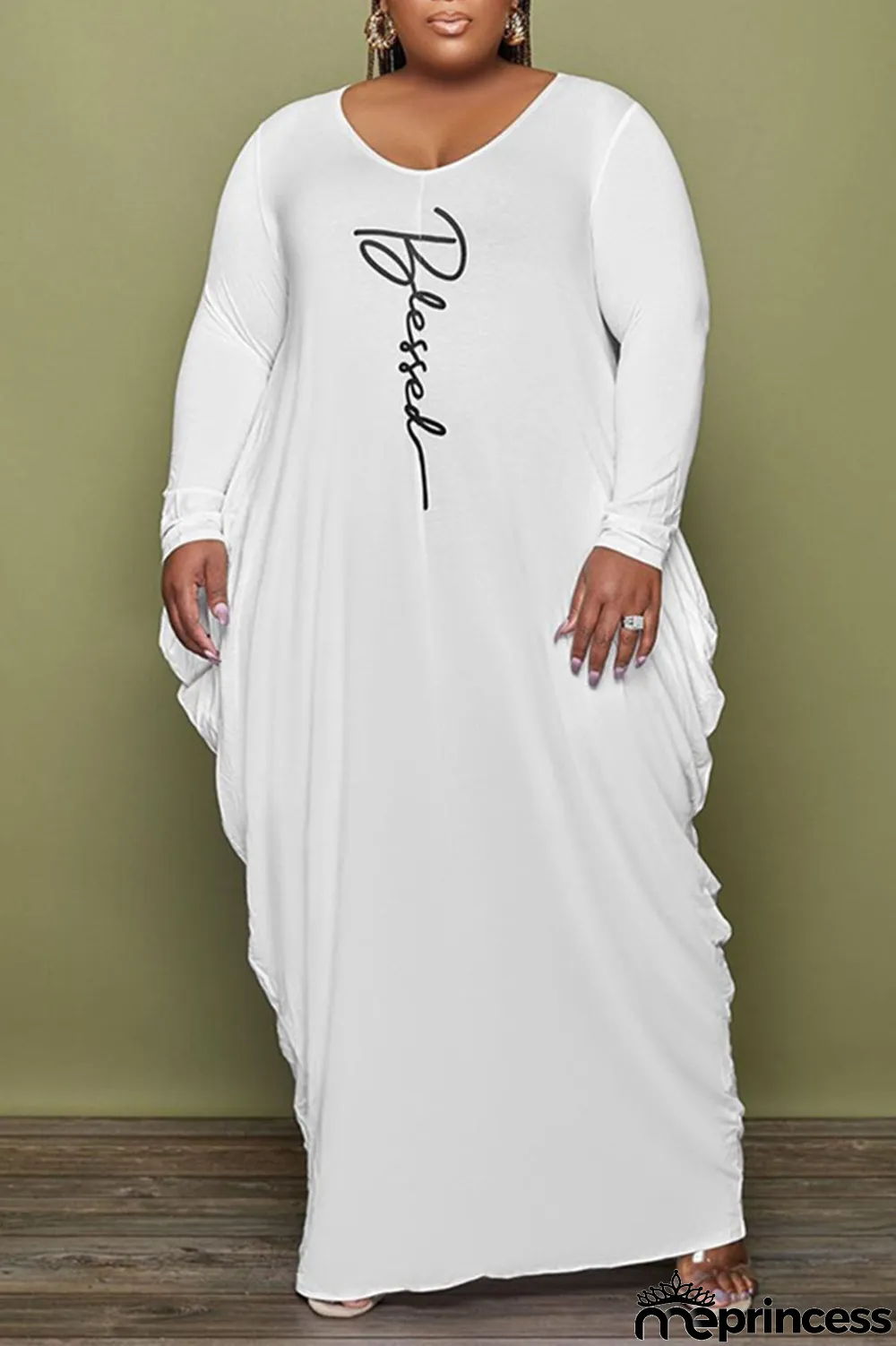 White Fashion Casual Print Basic V Neck Long Sleeve Plus Size Dresses