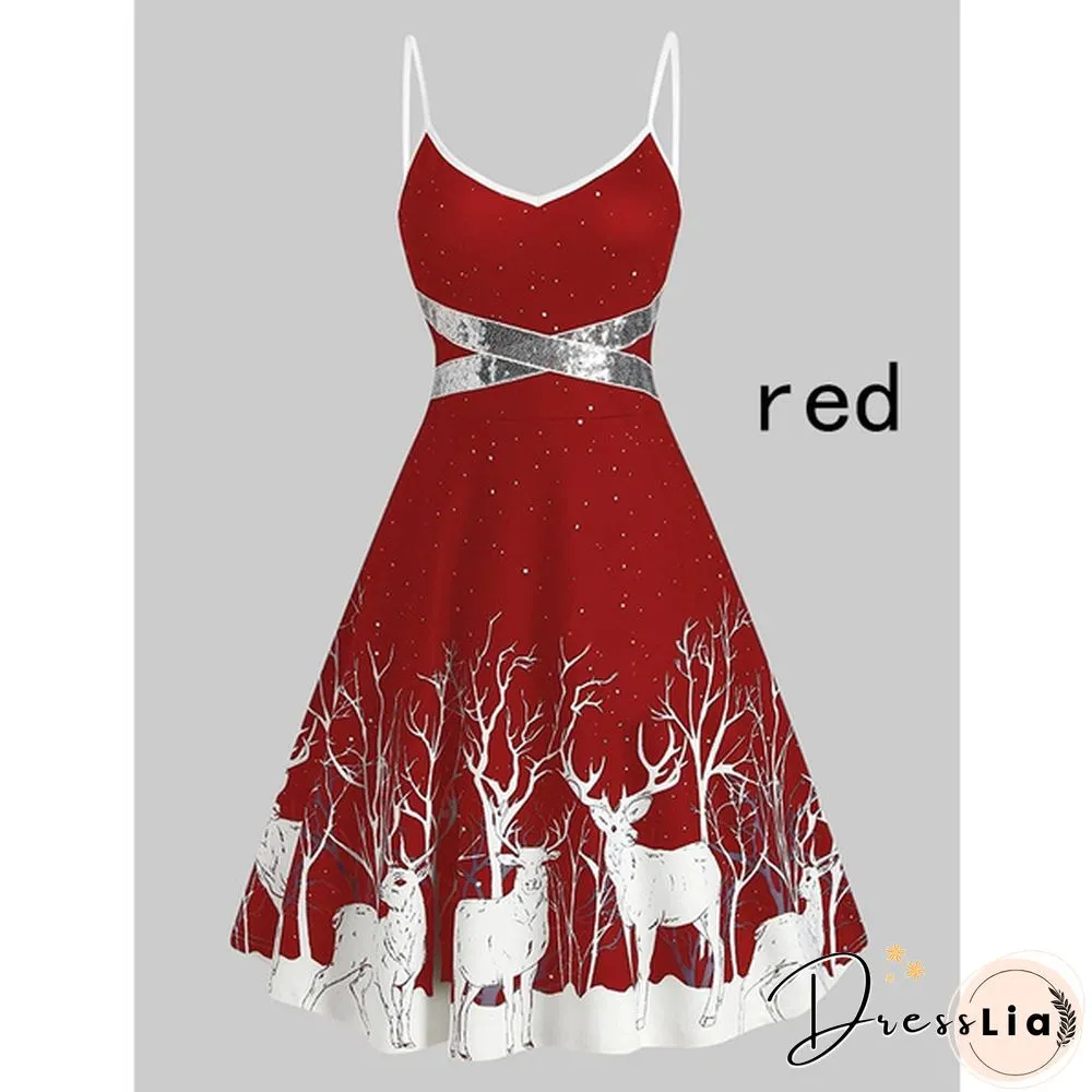 Christmas Deer Print Spaghetti Strap Dress Fashion Print Skater Dresses