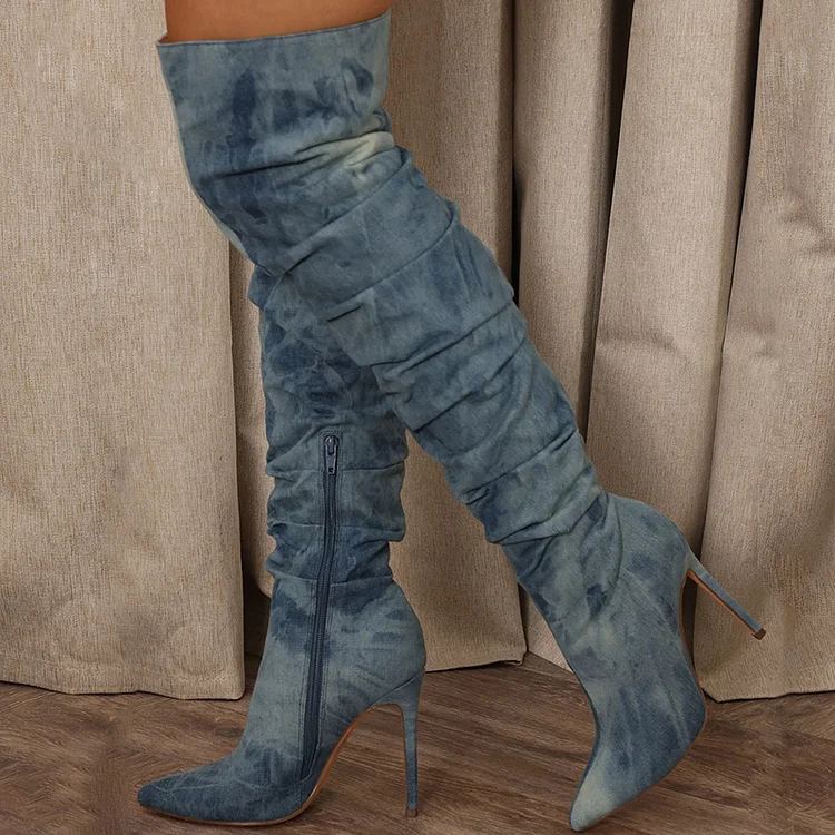 Thigh Suede Studded Zipper Stiletto Booties Vdcoo