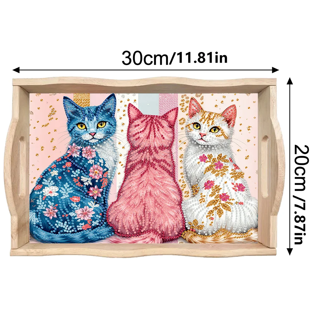 5D DIY Cat Diamond Painting Wooden Serving Tray with Handle for Desk