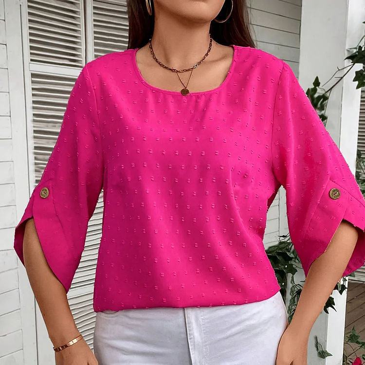 Wearshes Elegant Solid Round Neck 3/4 Sleeve T-Shirt