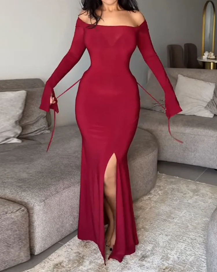 Off-Shoulder Tie-Waist Mini Dress - Gray main image 1