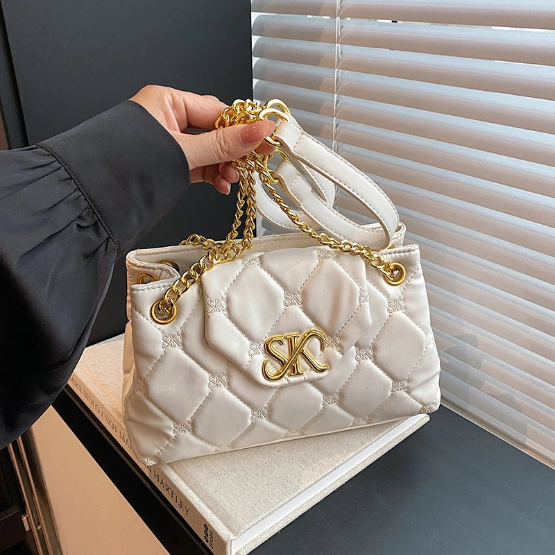 Women’s Pu Leather Letter Lingge Elegant Sewing Thread Square Flip Cover Crossbody Bag