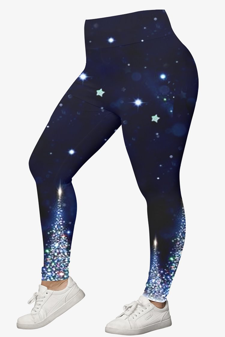 Flycurvy Plus Size Christmas Navy Blue Ombre Star Christmas Trees Legging  Flycurvy [product_label]