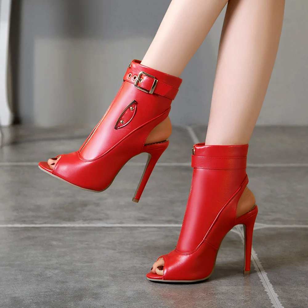 Red  Opened Toe Winter Ankle Boots With Stiletto Heels Nicepairs